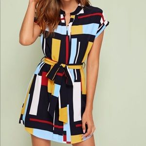 Geometric Print Curved Hem Belted Dress